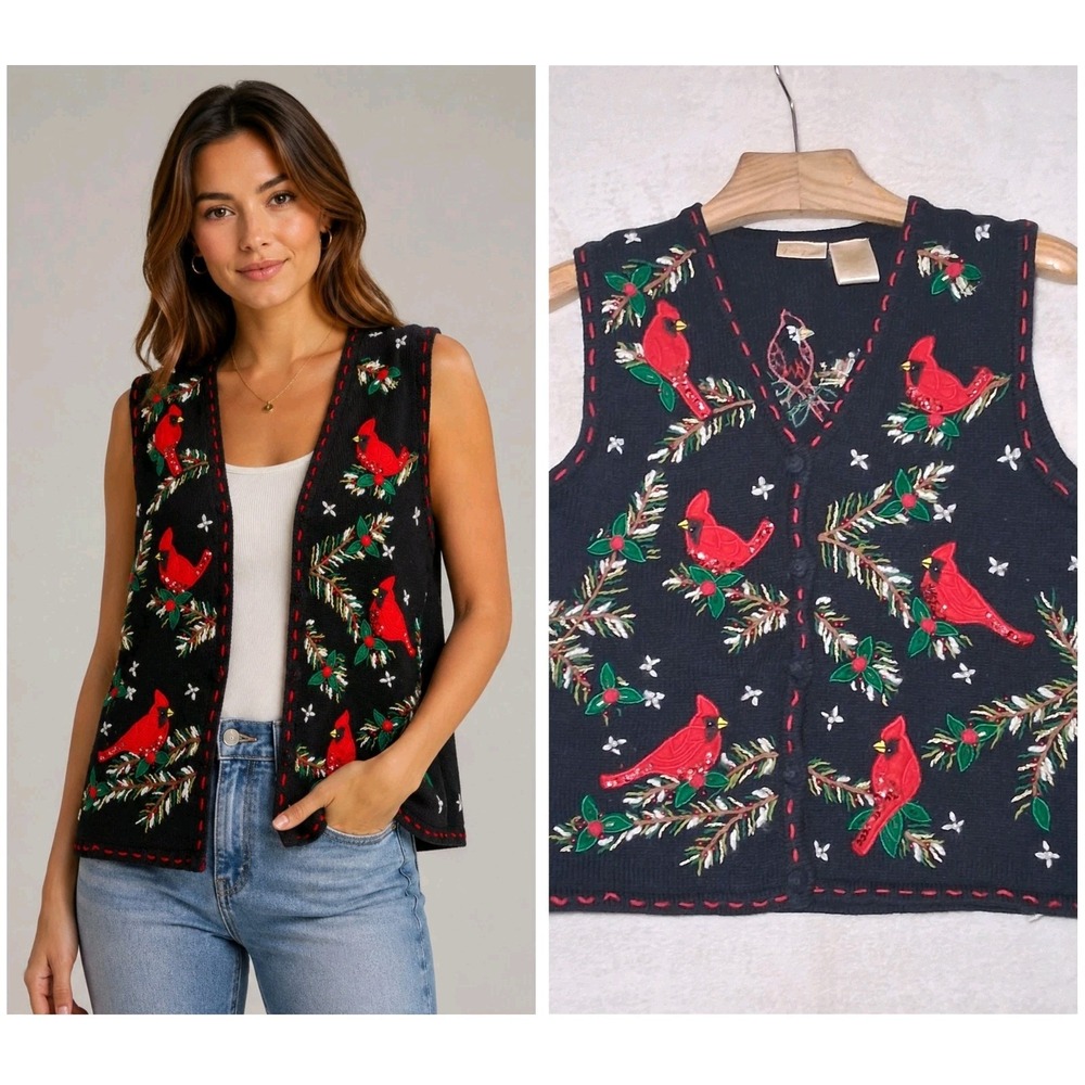 Vintage Bobbie Brooks Embroidered Christmas Cardinals Cardigan Vest Size M 8/10